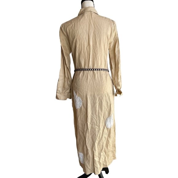 ZARA Tan and White Beaded Linen Collared Maxi Dress Size Small - Picture 5 of 12